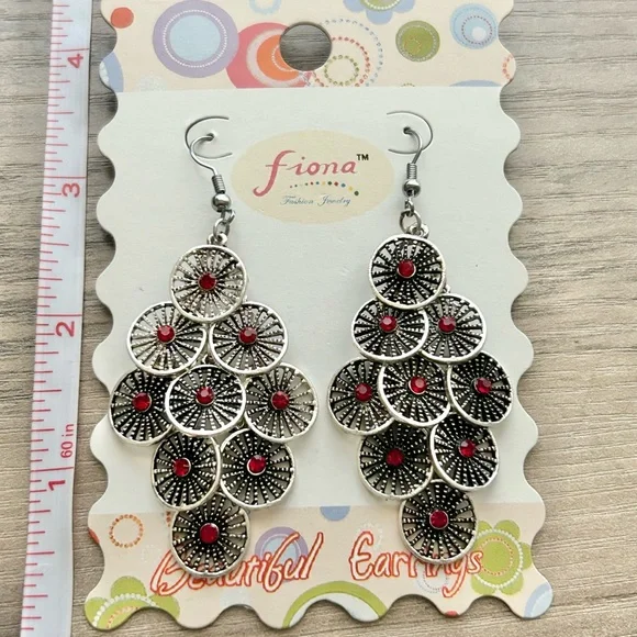 NWT Fiona Silver Tone Red Rhinestone Chandelier Earrings Boho Statement - Picture 3 of 4